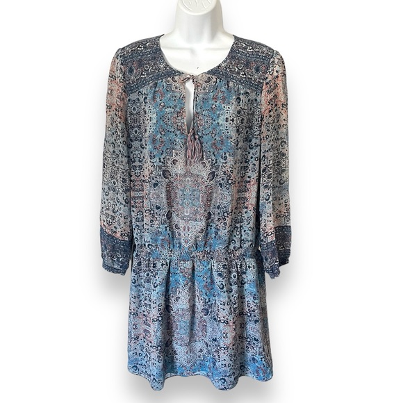 Joie Aidee Blue Printed Silk Chiffon Long Sleeve Mini Dress Large - Picture 2 of 9